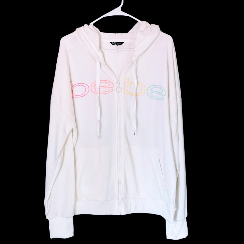 bebe Zip Up Hoodie | White w Neon Logo | Lightweight | Plus Size 2X